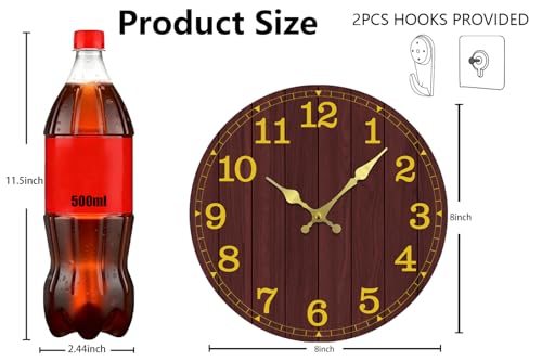 Image of Wall Clock, Modern Wall Clocks Battery Operated, Silent Non Ticking Rustic Country Clock Clock Decorative for Living Room, Office, Home, School 8 Inch (Brown, Gold)
