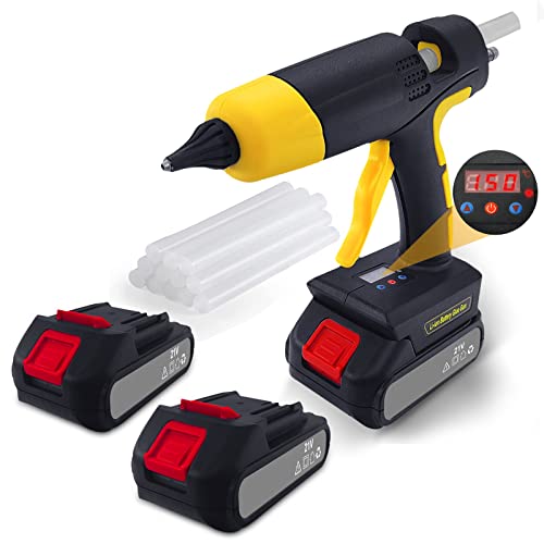 Hot Glue Gun, 21V Cordless Glue Gun Full Size, Temperature Display Adjustable, Handheld Hot Glue Gun Kit with 12 Pcs 11mm Hot Glue Sticks for Crafts & Arts, 2 Li-ion Batteries and Charger Included