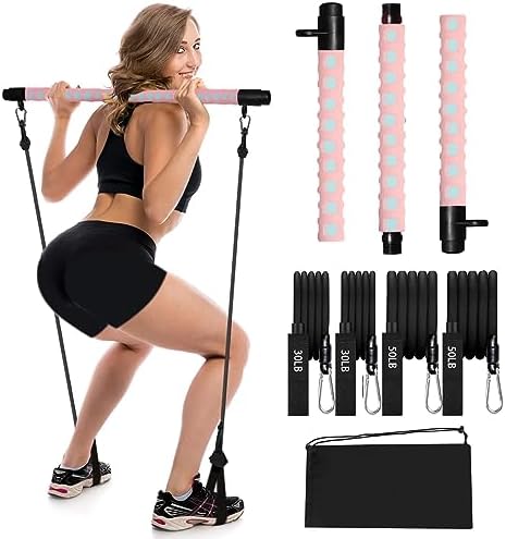 Adjustable Pilates Bar Kit with 4 Resistance Bands, Portable Pilates Bar Stick for Home Workout, Adjustable Pilate Bar for Gym Fitness