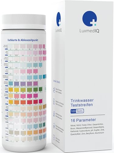 100x LuxmedIQ 16-in-1 Wassertester Trinkwasser - Trinkwasser Teststreifen zur einfachen Prüfung der Wasserqualität - Leitungswasser selbst Testen auf pH, Chlor, Kupfer, Quecksilber, Gesamthärte & mehr