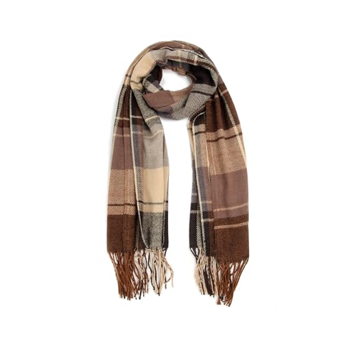 Photo de Miss Lulu Écharpe pour homme femme à carreaux d'hiver en laine chaude et douce avec pompon Grand tartan (Marron)