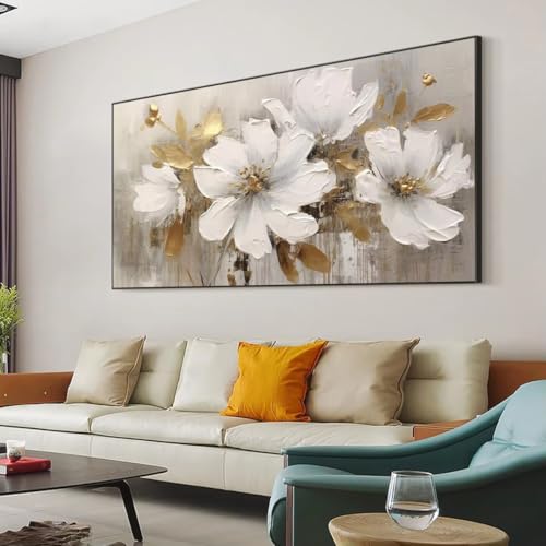 Grand format art mural de tableau abstrait de fleurs blanches 90x180cm sans cadre de salon - 2