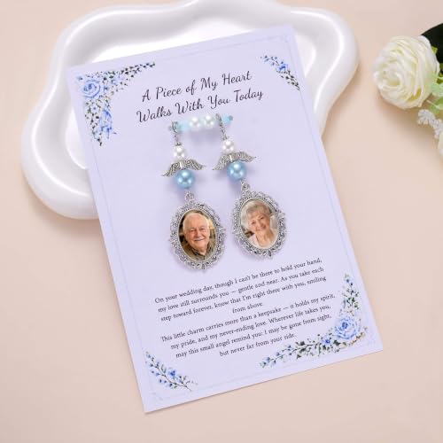 Image of MIXJOY Something Blue Gift for Bride, Wedding Day Bridal Blue Pearl Angel Wings Bouquet Garter Charm for Bride to Be