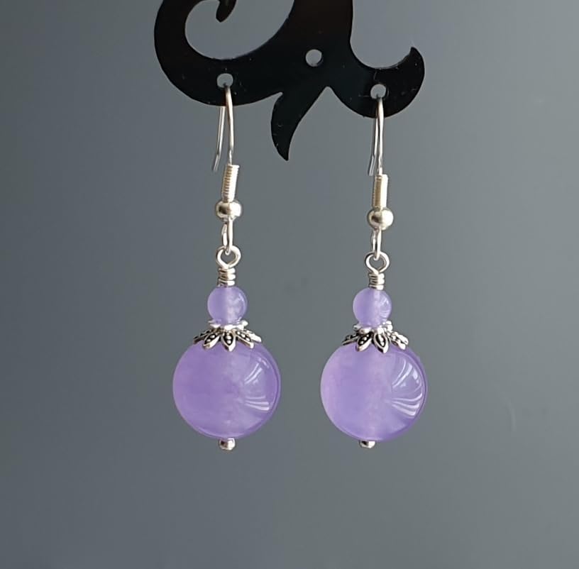 Lavender Lilac Jade Earrings 925 Sterling Silver Hooks Round Double Handmade Women Jewelry Tibetan Silver in Gift Box - Image 2