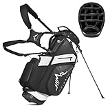 14-Way Golf Stand Bag, Premium Lightweight Golf Bag, Interchangeable PE-Padded Straps & Stabilizing Kickstand - Plush-Lined Top with Waterproof Cover, Pure Black-White