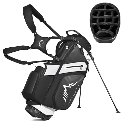14-Way Golf Stand Bag, Premium Lightweight Golf Bag, Interchangeable PE-Padded Straps & Stabilizing Kickstand - Plush-Lined Top with Waterproof Cover, Pure Black-White