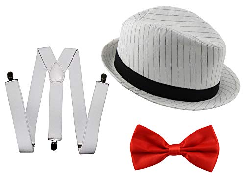 Foxxeo 20er Jahre Gangster Kostüm Set für Herren I Hut - Hosenträger - Fliege I Weiß - Rot I 1920er Mafia Accessoire Outfit