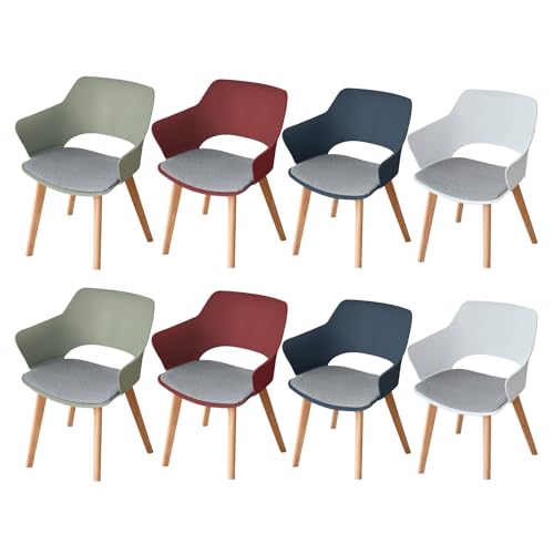HJhomeheart Lot de 8 chaises de Salle à Manger, Pieds en Bois Massif, Chaises de Bureau avec accoudoirs, Chaises en Tissu, Vert+Rouge+Blanc+Bleu