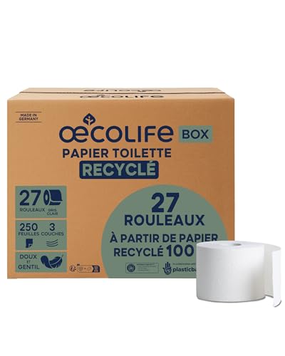 œcolife papier toilette recyclé, 3 couches, 27 rouleaux x 250 feuilles, emballage en vrac, super doux, sans plastique, papier hygiénique, végétalien, papier toilette durable
