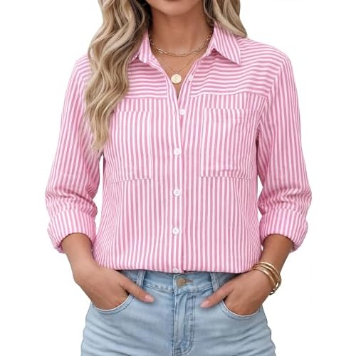 Kistore Womens Button Down Shirts Striped Linen Long Sleeve Blouses Business Casual Office Work Tops Loose Fit with Pockets