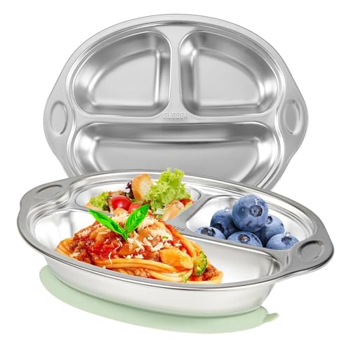 Image of Mrs. Chou Stainless Steel Baby Suction Plates: Divided Plates for Babies and Toddlers, Made of 100% Food-Grade Materials Ideal for Baby-Led Weaning BPA-Free Toddler Feeding Dishwasher Safe Green