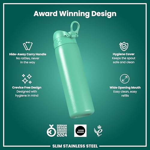 Image of Ion8 Steel Water Bottle, 600 ml /20 oz, Leak Proof, Easy to Open, Secure Lock, Dishwasher Safe, Flip Cover, Fits Cup Holders, Carry Handle, Durable, Scratch Resistant, Carbon Neutral, Teal Green