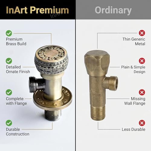 Image of InArt Zinc Angle Cock Valve for Bathroom & Kitchen | Stop Cock with Wall Flange | Antique Brass Finish (Antique Bronze) - 5 Year Warranty