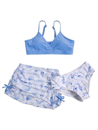 Image of COZYEASE Girls' 3 Piece Set Floral Print Bikini Swimsuit with Drawstring Beach Skirt Cute Ruched Bathing Suit