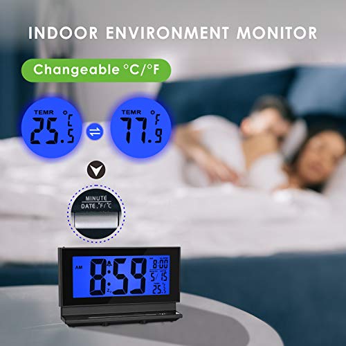 Auto-Night Light Clock - Plumeet Digital Alarm Clock Large LCD Display with Low High Dimmer Backlight - Temperature - Calendar - Ascending Sound and Snooze Function - Battery Operated Only (Blue)