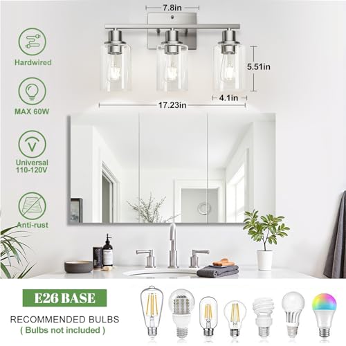 Image of MOKATNG 3-Light Bathroom Light Fixtures, Vanity Light with Clear Glass Shades, Brushed Nickel Bathroom Light Fixtures Over Mirror, Modern Bathroom Wall Lamp for Mirror Living Room Cabinet Bedroom