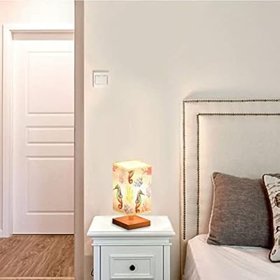 Square Bedside Table Lamp Watercolor Painted Seahorse Seamless Wooden Base Flaxen Fabric Shade Dimmable Nightstand Lamp… 4165JCVObcL. SS400
