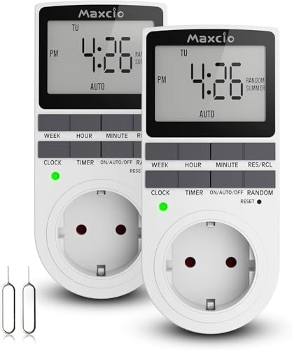 Temporizador Enchufe Digital Programable, Maxcio Programador Enchufe Semanal con Pantalla LCD Grande, Función de Horario de Verano y Aleatoria, Ahorrar Energía y Dinero, 16A / 3680W Máx. (2 Packs)