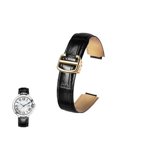 LOSUNLEN Convex Genuine Leather Watchband For Cartier Ballon Bleu Watch Straps With Folding Buckles(Blackg,11-18mm)