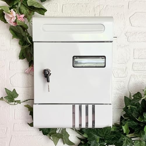 Buzón de hierro rústico, buzón montado en la pared, creativo, puede poner cartas de revistas, resistente a la lluvia con cerraduras, robusto y duradero, para exterior/interior/patio/portal(White)