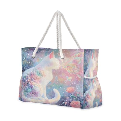 Large Beach Bags Totes Canvas Tote Shoulder Bag Butterfly Dream Cat Water Resistant Bags for Gym Travel Daily