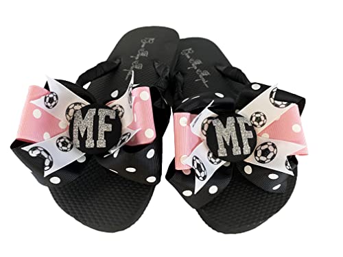 Soccer Glitter Bow Flip Flops, Personalized Initials, Black Pink and Silver or Choose Colors, Custom Handmade