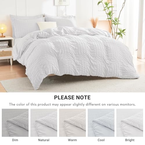 Image of HYMOKEGE White King Size Comforter Set Seersucker 7 Pieces, All Season Luxury Bed in a Bag for Bedroom, Bedding Set with Comforters, Sheets, Pillowcases & Shams