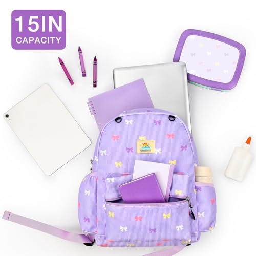 Image of STEAMEDBUN Corduroy Kids Backpack for Girls 5-8: Girls Backpack for Elementary Kindergarten - 15 inch Cute Backpacks for Kids - Purple Bow