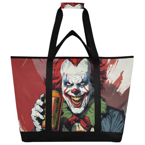 Clown Scary Soda Large Insulated Tote Bag for Grocery Shopping Reusable Tote Bags for Women Men, Cooler Bag with Zippered Top & Handles for Beach Picnic Travel