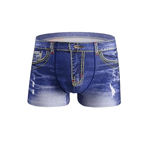 Men's Cotton Fake Jean Boxer Briefs Underwear U Pouch Cowboy Printed Boxer Trunks Panties