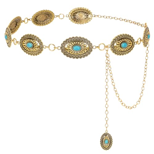 Image of LEACOOLKEY Women Turquoise Concho Chain Waist Belt Silver Western Cowgirl Metal Chain Belt for Dress Adjustable