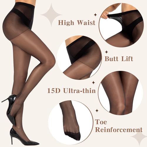 Shiny Pantyhose for Women 3 Pairs Shimmer Sheer Tights Silk Stockings High Waist Control Top3