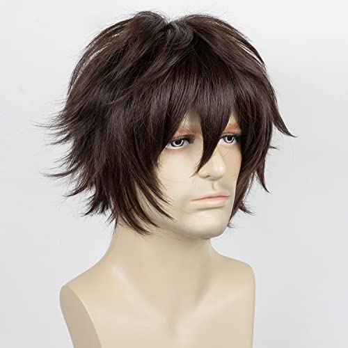 Image of LABEAUTE Mens Short Dark Brown Cosplay Wig Male Unisex Fluffy Heat Resistant Wig Hair for Party and Halloween for Gift + Free Cap