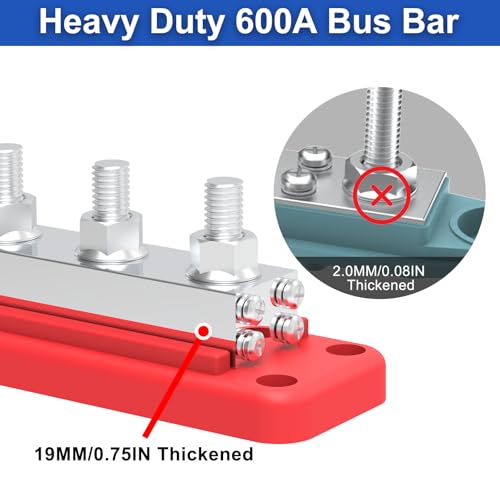 600A Bus Bar 12V Power Distribution Block with 3/8" (M10) 4-Posts Heavy Duty Terminals Block with Cover for Automotive, Marine, Battery System (Red)