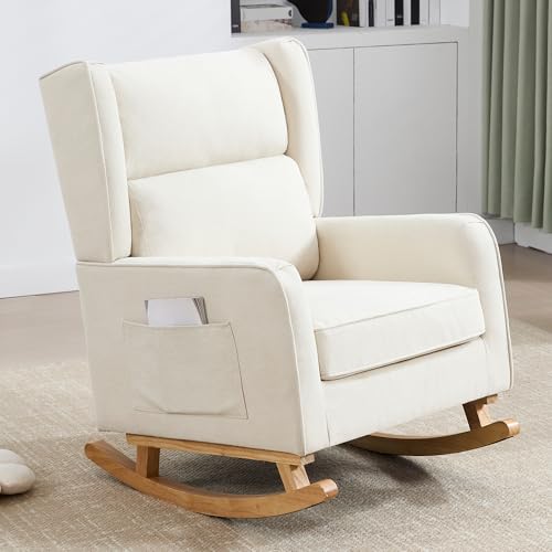 Image of HCHAIRH Nursery Rocking Chairs, Rocking Chair Nursery for Mom Nursery Rocker with High Backrest and Solid Wood Legs, Beige Modern Wingback Accent Chairs for Reading Living Room Bedroom