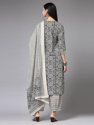 Pinkmint Kalamkari Printed Straight Kurta With Side Pocket Kurta Set Black