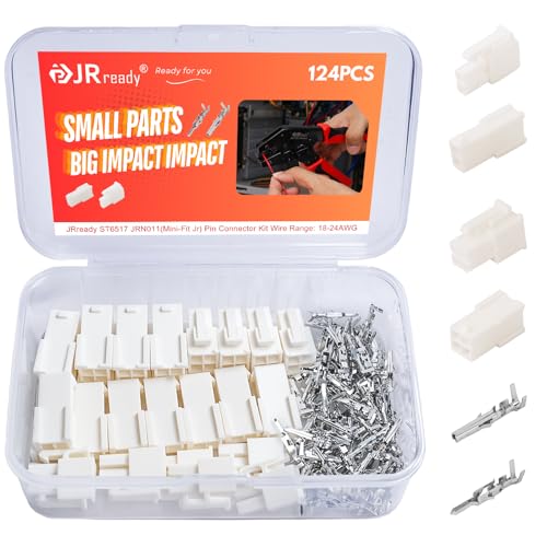 JRready ST6517 Mini-Fit Jr 2 4 Pin Molex Connector Kit 4.2mm Pitch 5557 Series Molex ConnectorsPower Plug Receptacle Housing 18-24AWG Crimp Terminals Pin Sockets Natural 124Pcs