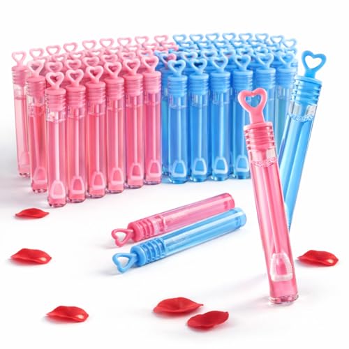 48 Pack Mini Heart Bubble Wands – Wedding Party Favors, Anniversary Celebration Supplies, 4” Bubble Tubes with Heart Wand for Bridal Showers, Birthdays & Special Events (Blue/Pink)