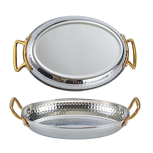 QHQQXN Oval Spanish Paella Pan Skillet 304 Stainless Steel Nonstick Seafood Paella Pot with Dual Handle for Homes Restaurants Silver 14cm Tray(Silver 14cm)