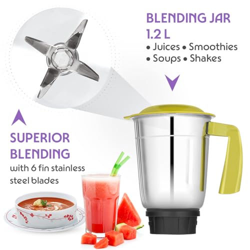 Image of Borosil Max 500 W Mixer Grinder | Wet & Dry Mixing, Grinding & Blending | 3 Jars with PP Lid (1.2 L Blending, 0.8 L Grinder, 0.4 L Chutney Jar) | Mixie For Kitchen, Yellow | 2 Years Warranty