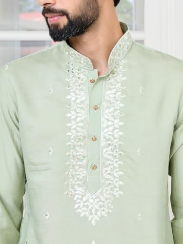 Image of See Designs Men's Full Sleeve Mandarin Collar Sequins Embroidered Chanderi Straight Long Kurta with Yoke Design - Festive Collection
