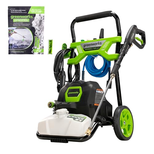 Image of Greenworks 2000 PSI (1.2 GPM) Electric Pressure Washer, Steel Wand, On-Board Soap Tank (25, 40, Soap, and Turbo Nozzle) + Car Wash Soap Pods (12 Count)