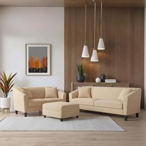 Image of Avion Natalia 3+2 Seater Sofa Set with Ottoman for Living Room Beige | Modern 6 Person Sofas Furniture | Fabric Sofa Set 6 Seater Couch for Guests Room Festival Gifts