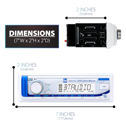 Image of Dual Electronics MXD140 Marine Stereo Bluetooth Single DIN Weatherproof AM /FM | Weatherproof receiver for boats, sunlight-readable LCD, USB port with 2.1A charging, AM /FM tuner, white single-DIN design