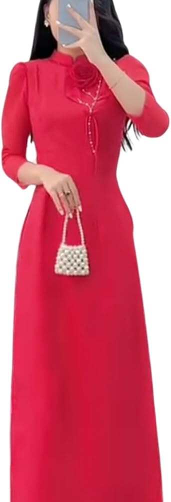 Vietnamese Traditional Ao Dai, High Collar, 4 Sides, 2 Front, 2 Back. Floral Applique Pattern. Ao Dai and Pants