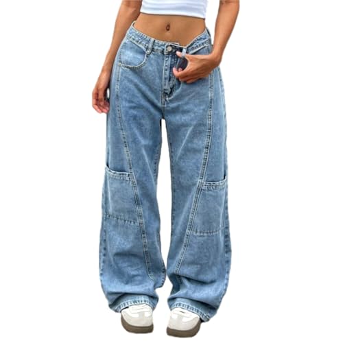 Low Rise Womens Straight Leg Jeans Wide Leg Patchwork Multiple Pockets Relaxed fit Jeans for Women Trendy Pants