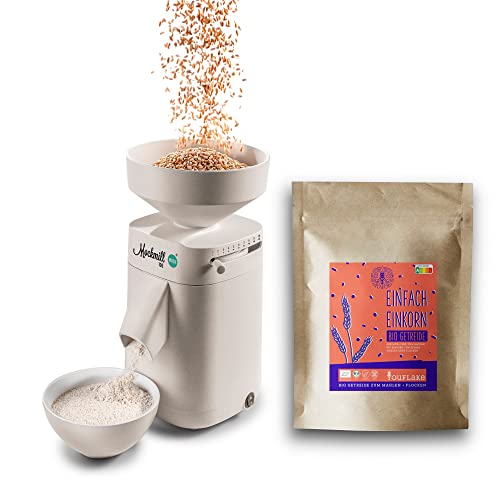 Getreidemühle Mockmill 100 | Made in Germany | Edelkorund und Keramik Mahlstein (Mockmill 100 + Bio Einkorn)