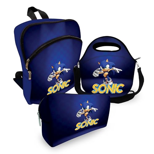 Kit Mochila Escolar + Lancheira + Estojo Sonic Quadriculado