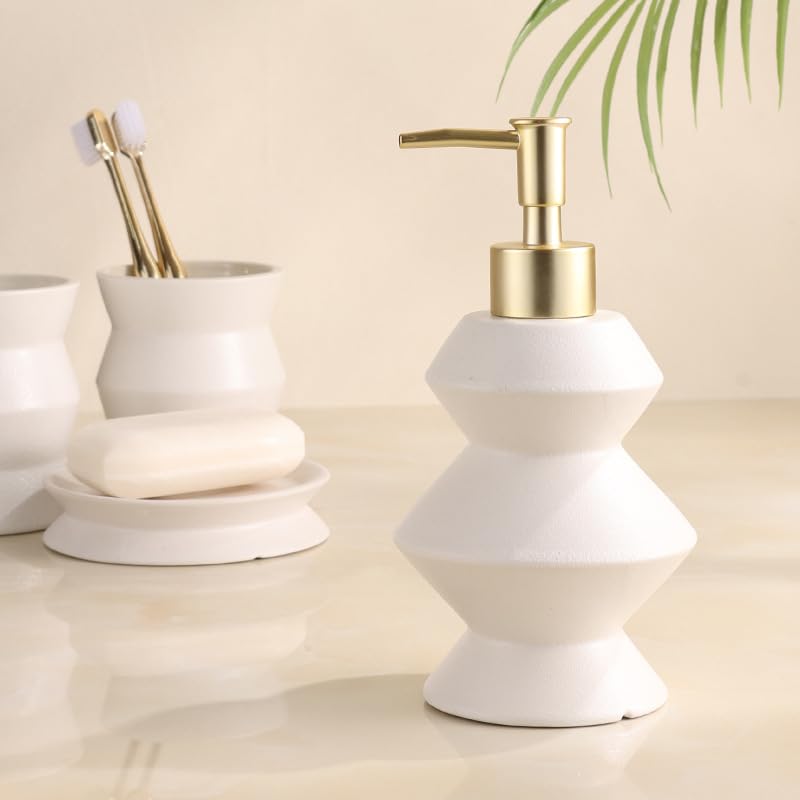 Ensemble d'accessoires de salle de bain 4 pièces avec motif marbre, comprend un porte-brosse à dents, un distributeur de savon, un porte-savon et des gobelets pour l'organisation du comptoir