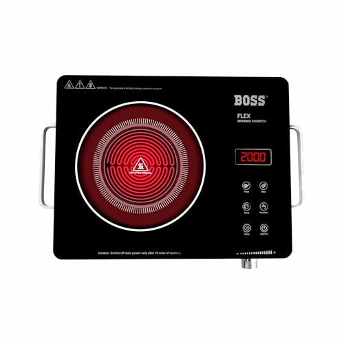 Image of BOSS Flex Infrared Cooktop 2200W | 3 Preset Menus | Grill Stand to BBQ & Roast | Glass & Digital LED Display with Functions | Adjustable Temperature Knob | SS Handle | Auto Cut-Off